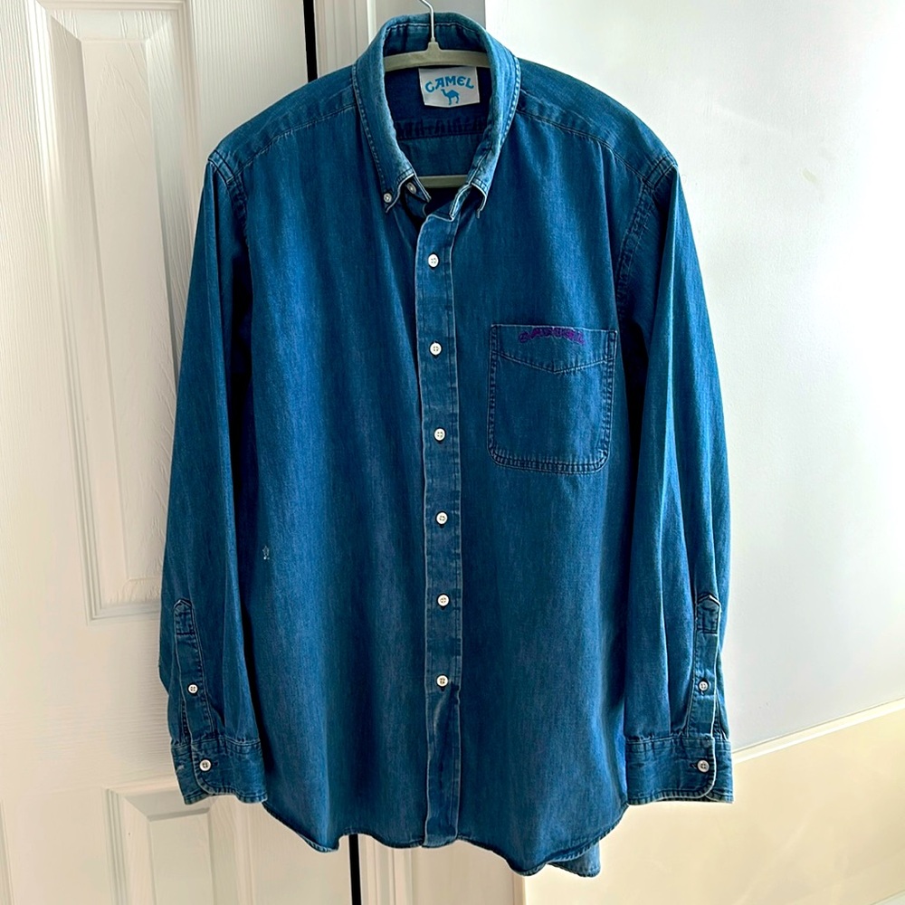 Camel denim long sleeve shirt Size Large.           Small hole as pictured